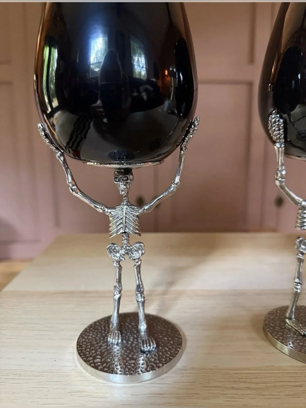POTTERY BARN Die Cast Full Skeleton Black Wine Glass SET OF 2 HALLOWEEN 9”